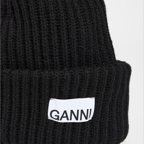 GANNI Ribbed Beanie Black Winter Hat - Picture 2 of 6